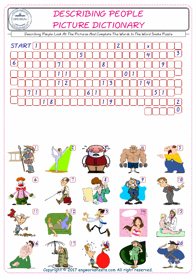  Check the Illustrations of Describing People english worksheets for kids, and Supply the Missing Words in the Word Snake Puzzle ESL play. 